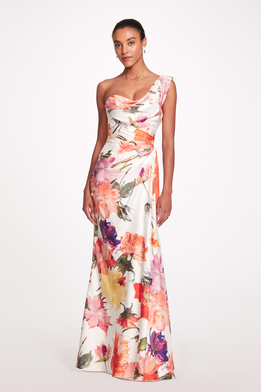 Marchesa Floral Print Silk Twill Drape Gown