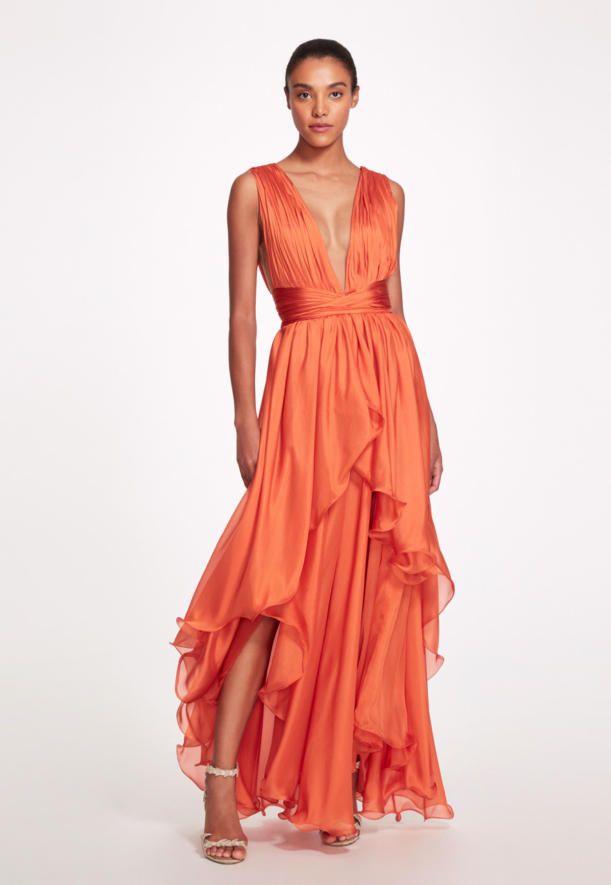 Marchesa Deep V Neckline Grecian A-line Gown