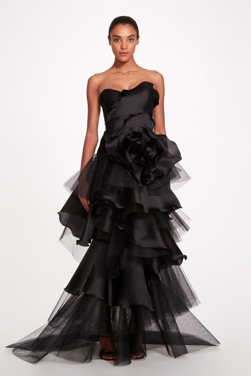 Shop Marchesa Strapless Tiered Column Gown