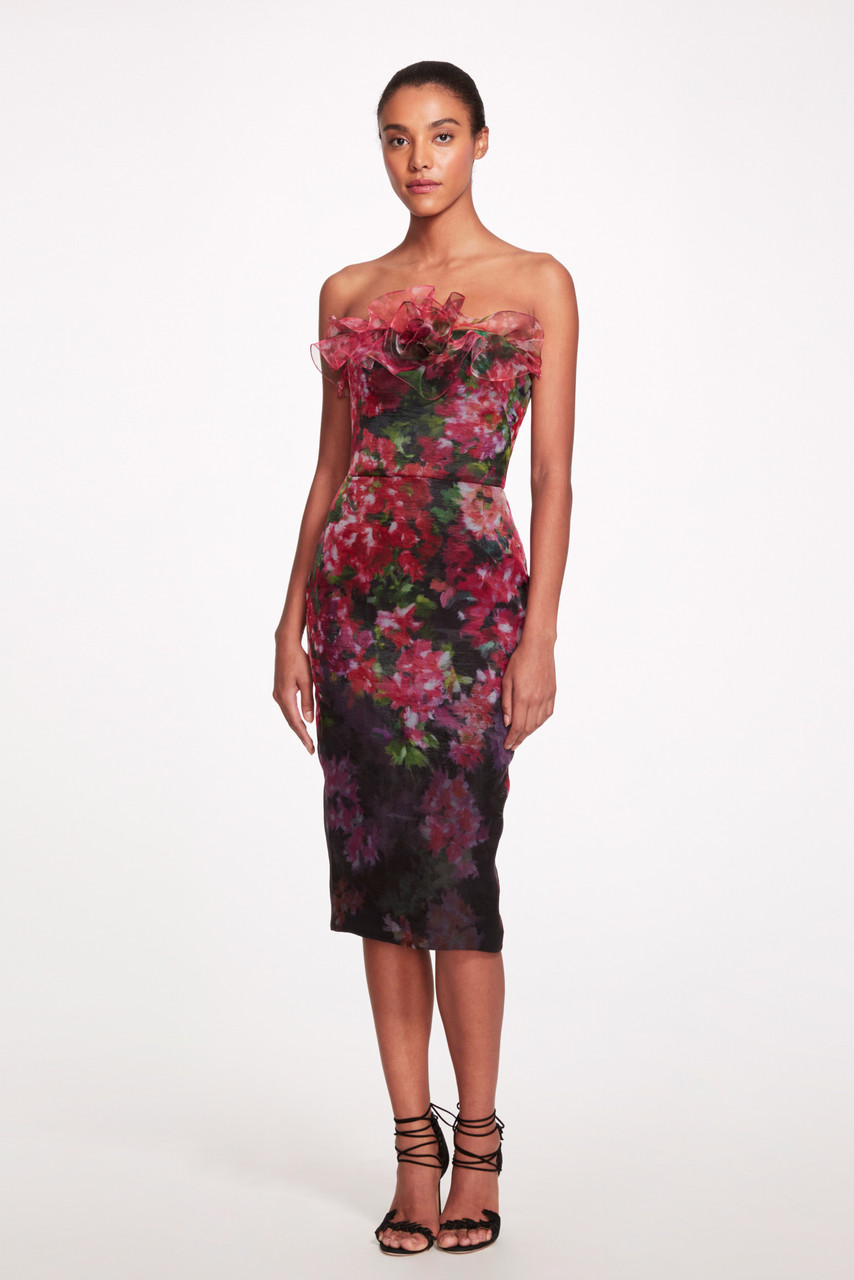 Marchesa Printed Textured Organza Cocktail Dress