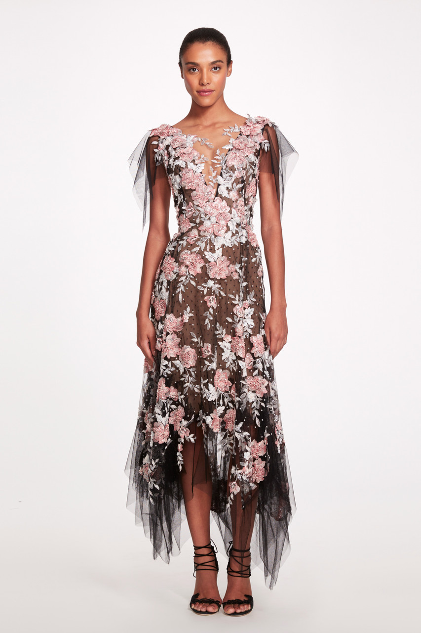Marchesa Floral Embroidered Tulle Midi Dress