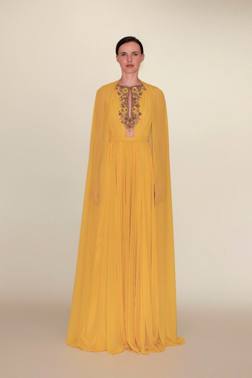 Reem Acra Sleeveless Chiffon Gown With Long Cape