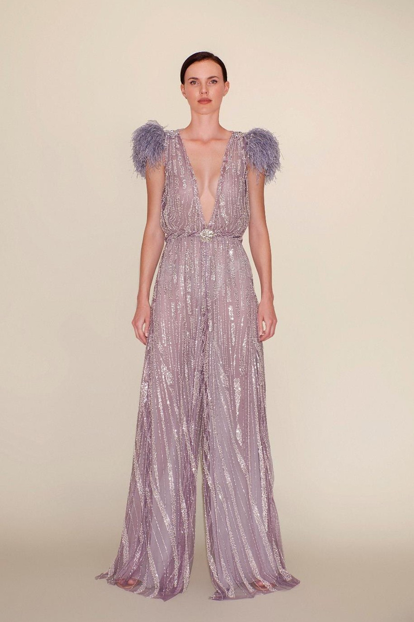 Reem Acra Beaded Tulle Jumpsuit