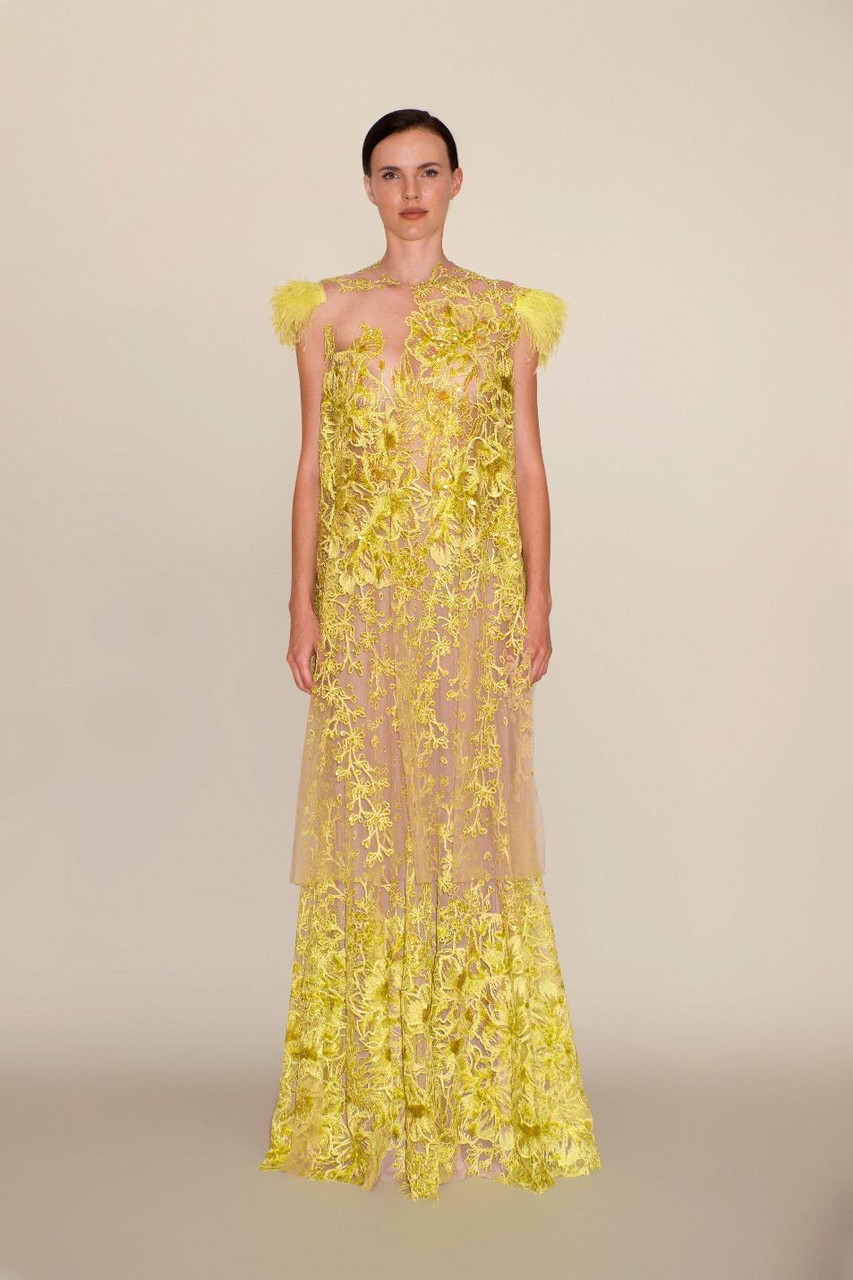 Reem Acra Floral Embroidered Tulle Tiered Gown