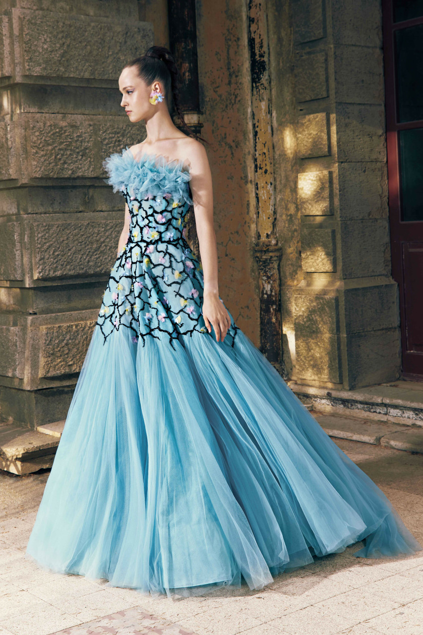 Tony Ward Strapless Hand Embroidered Tulle Gown