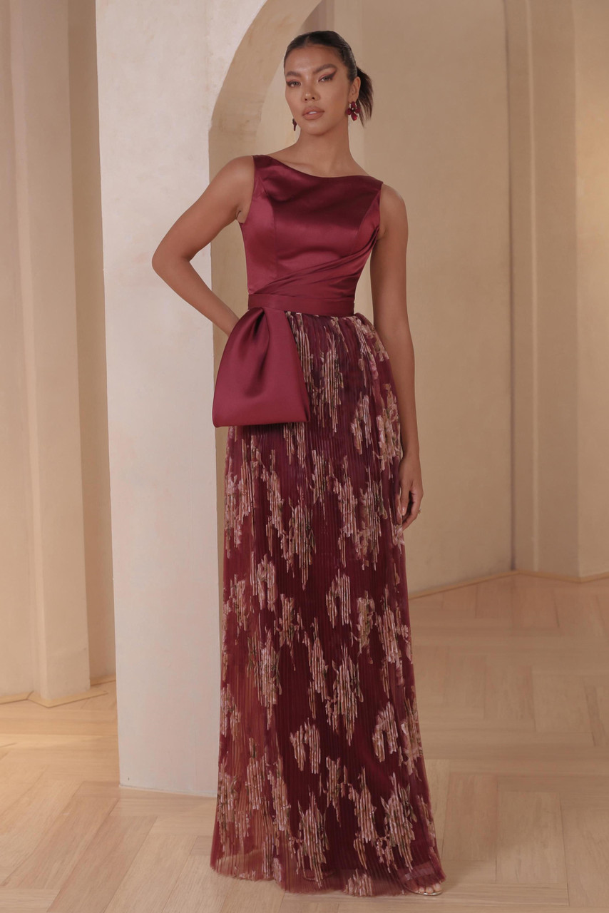 Mark Bumgarner Boat Neck Pleated Floral Gown