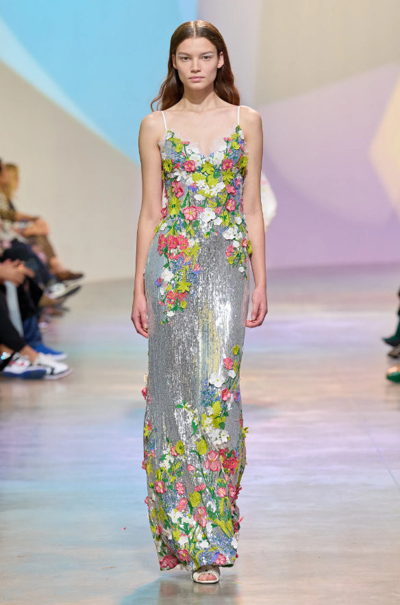 Elie Saab Sequined Yarn Embroidered Tulle Sleeveless Gown In Multi