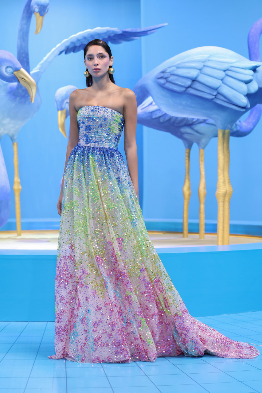 Georges Hobeika Multicolored Beaded Tulle Gown
