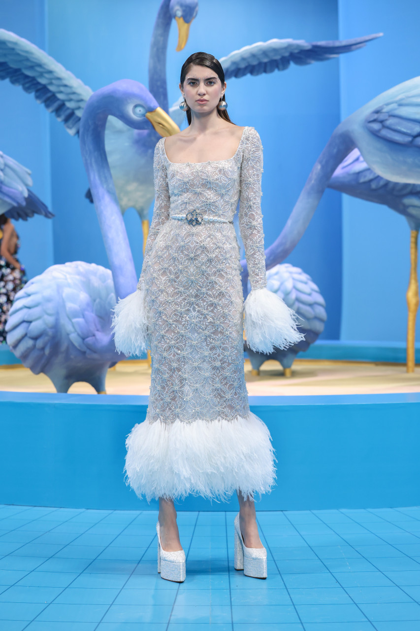 Georges Hobeika Beaded Lace Dress With Feathers