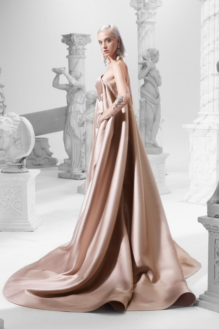 Khaled & Marwan Couture Strapless Gown With Draped Train