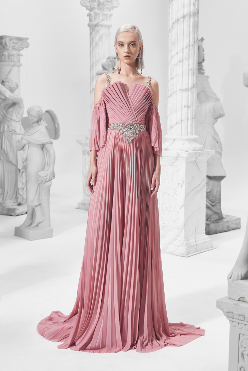 Khaled & Marwan Couture Pleated Cold-shoulder Gown