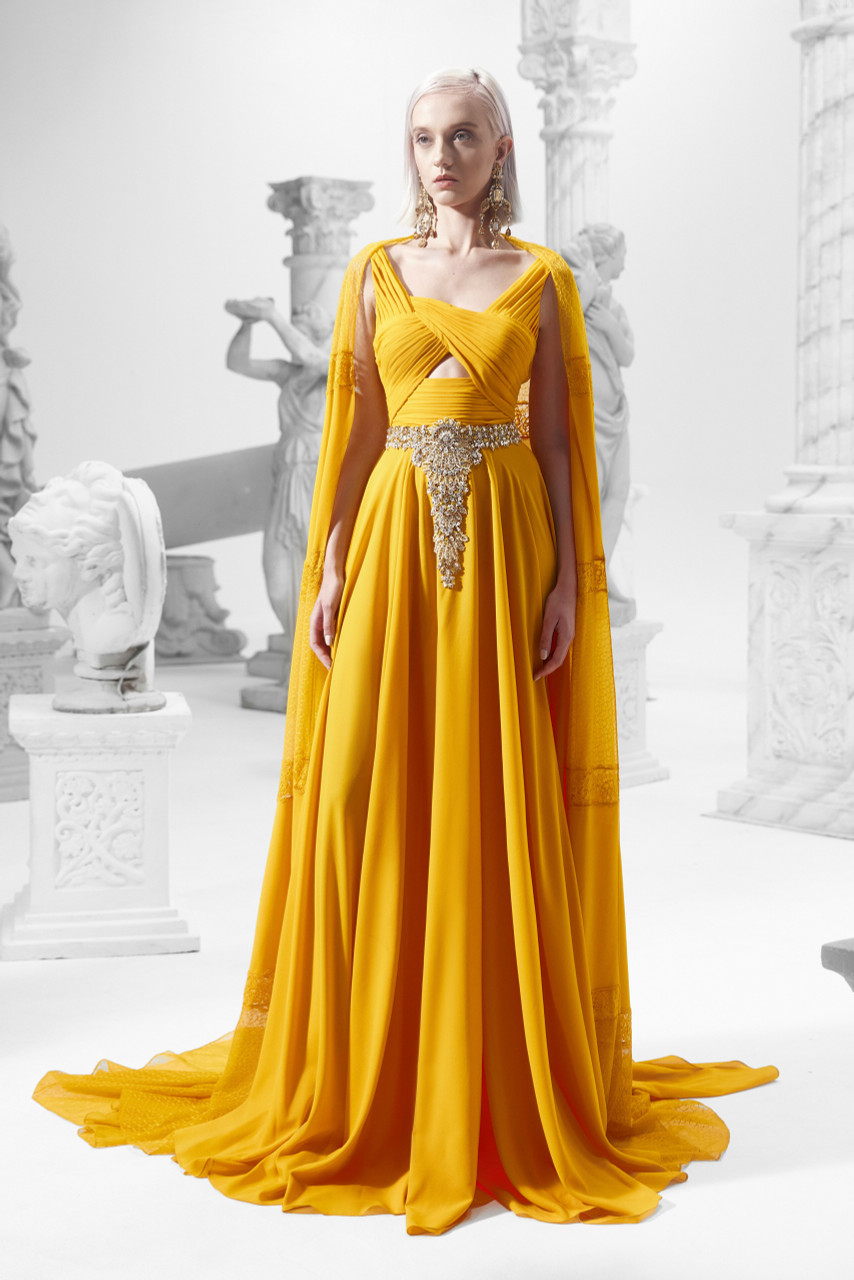 Khaled & Marwan Couture Cutout Embellished Cape Gown