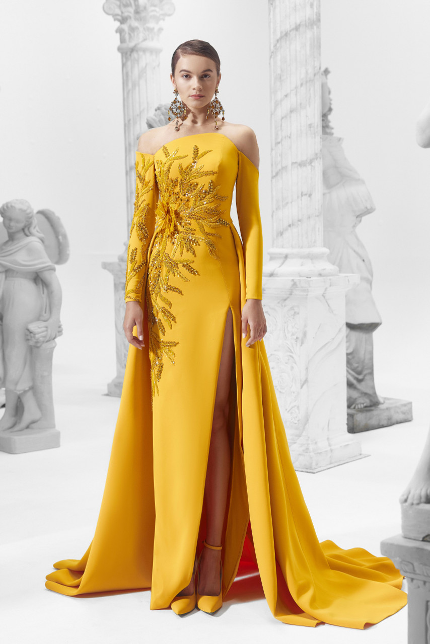 Khaled & Marwan Couture Illusion Long Sleeve Gown