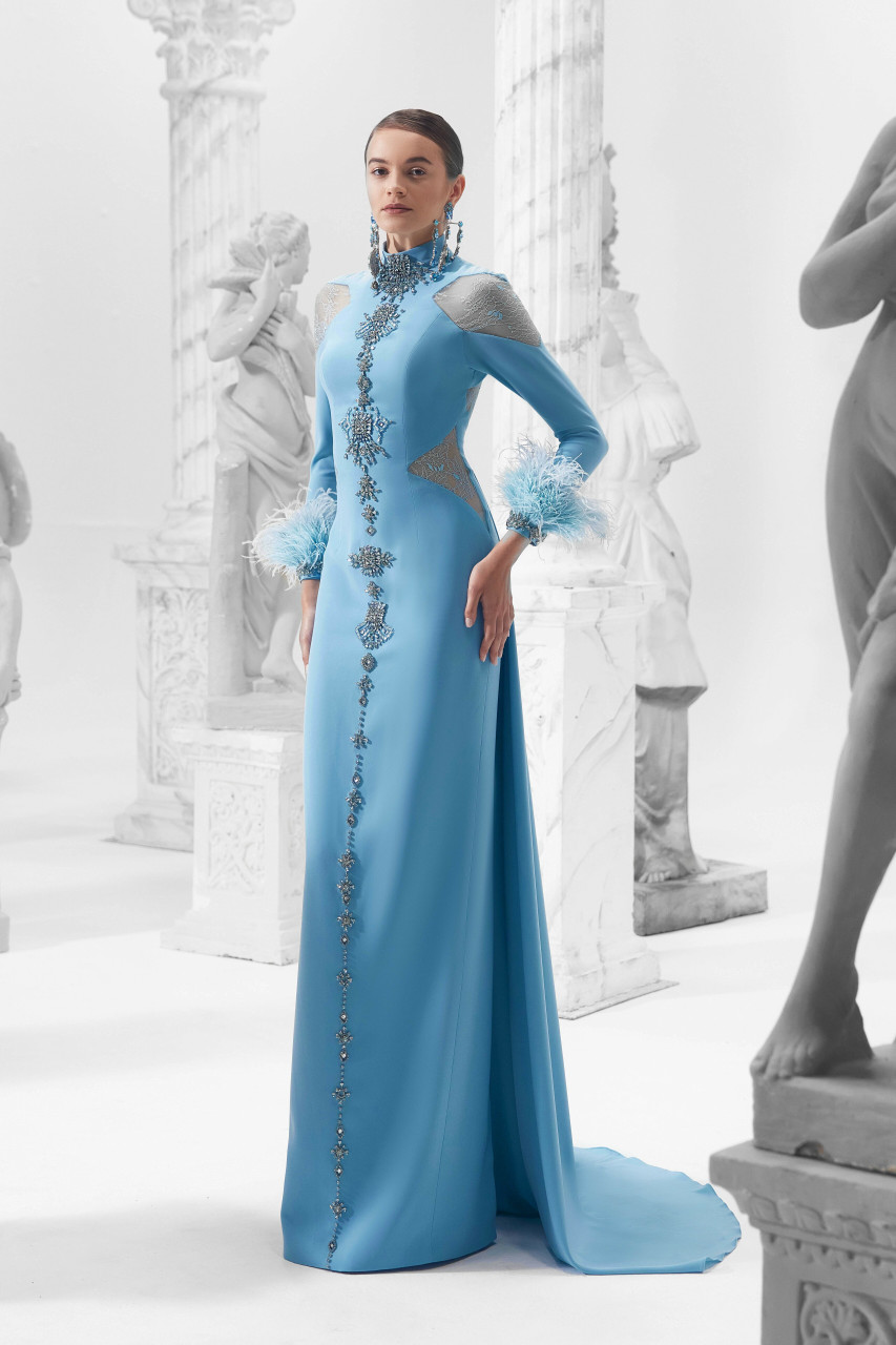Khaled & Marwan Couture Long Sleeve Gown With Feathered Cuffs