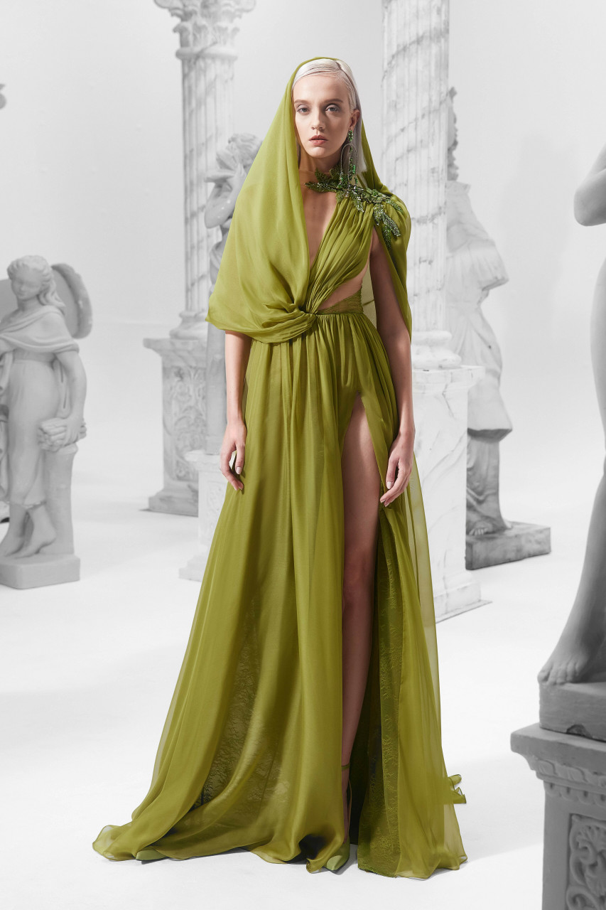 Khaled & Marwan Couture Hooded Pleated Cutout Gown
