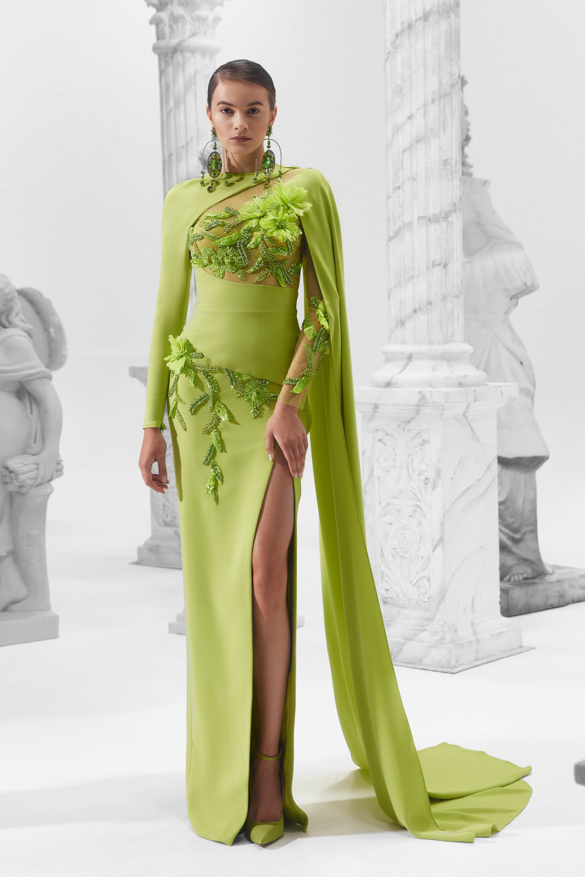 Khaled & Marwan Couture Embellished Gown With Shoulder Drape