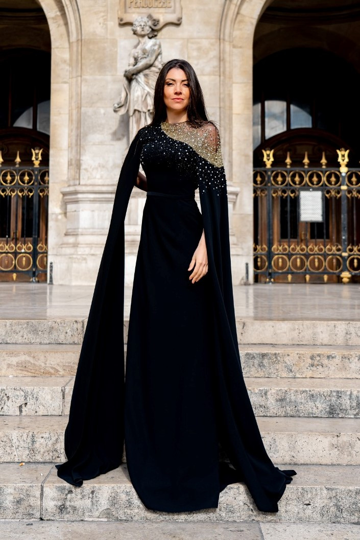 Edward Arsouni Crepe And Embroidered Cape Sleeve Gown