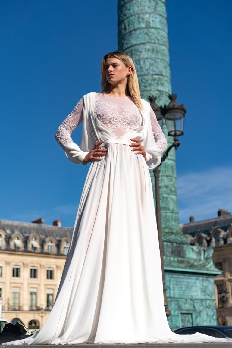 Edward Arsouni Crepe Georgette, Tulle And Embroidered Gown