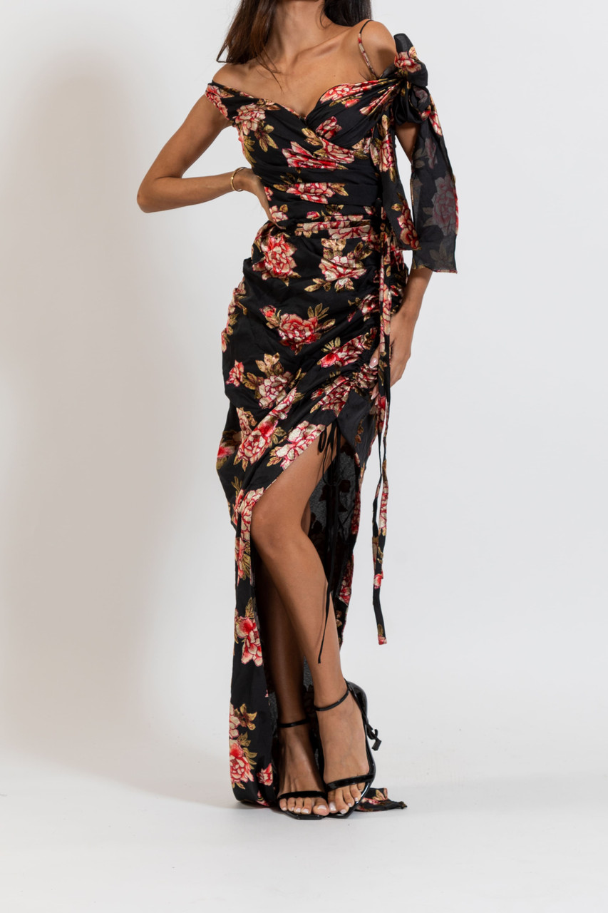 Shop Zeena Zaki Velvet Off Shoulder Floral Gown