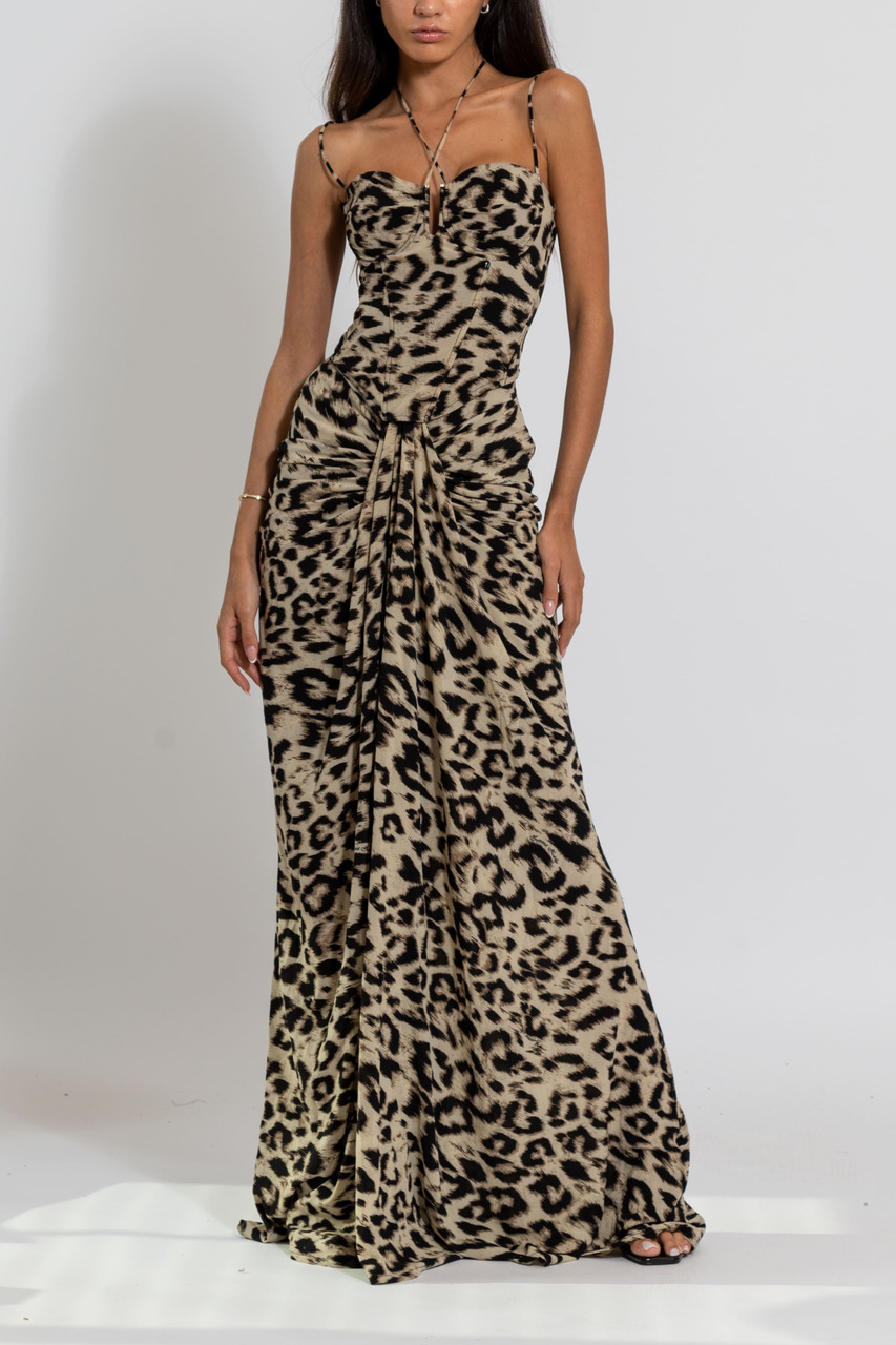 Zeena Zaki Sleeveless Tiger Print Gown