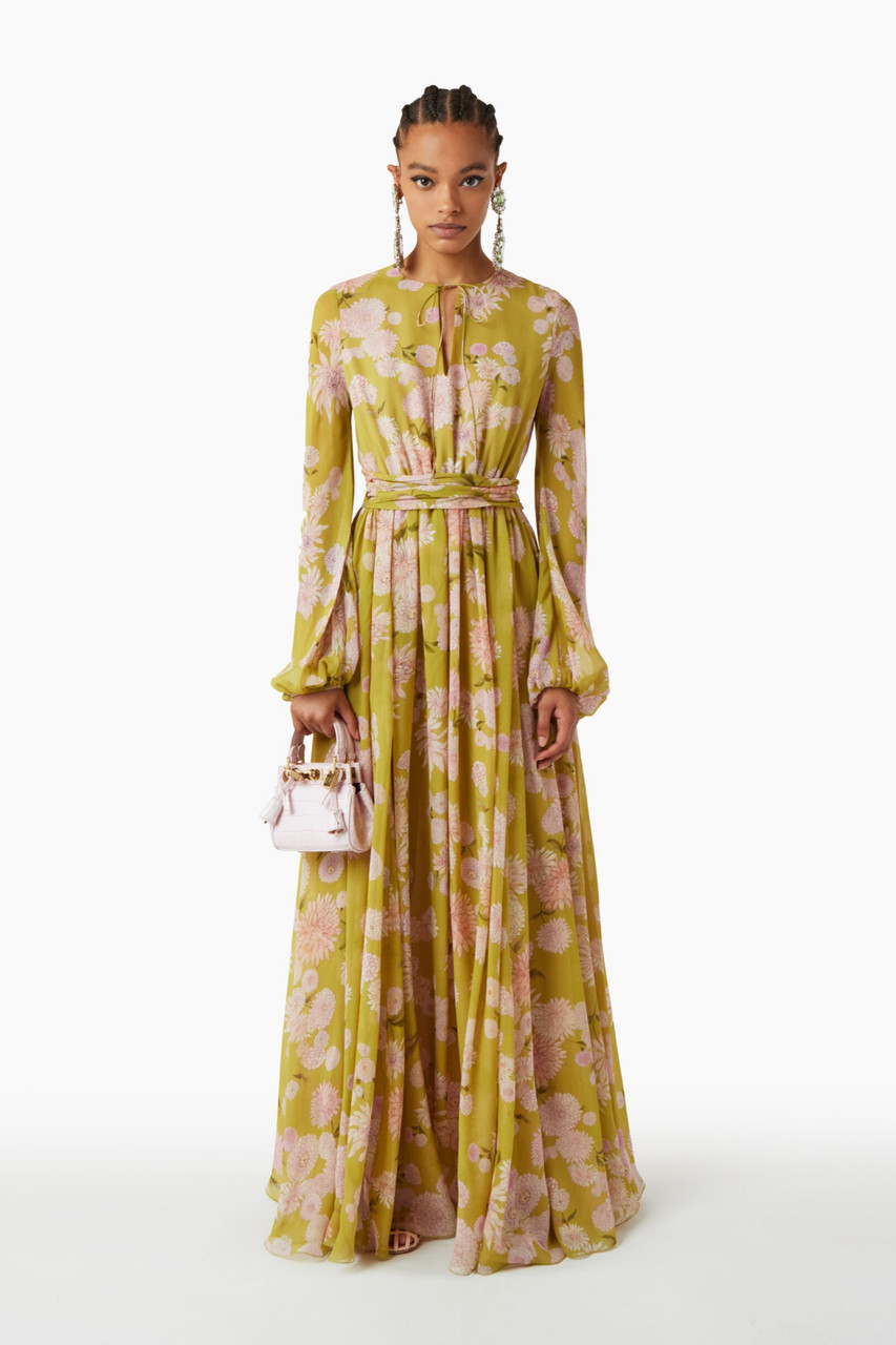 Shop Giambattista Valli Long Sleeve-floral Georgette Gown