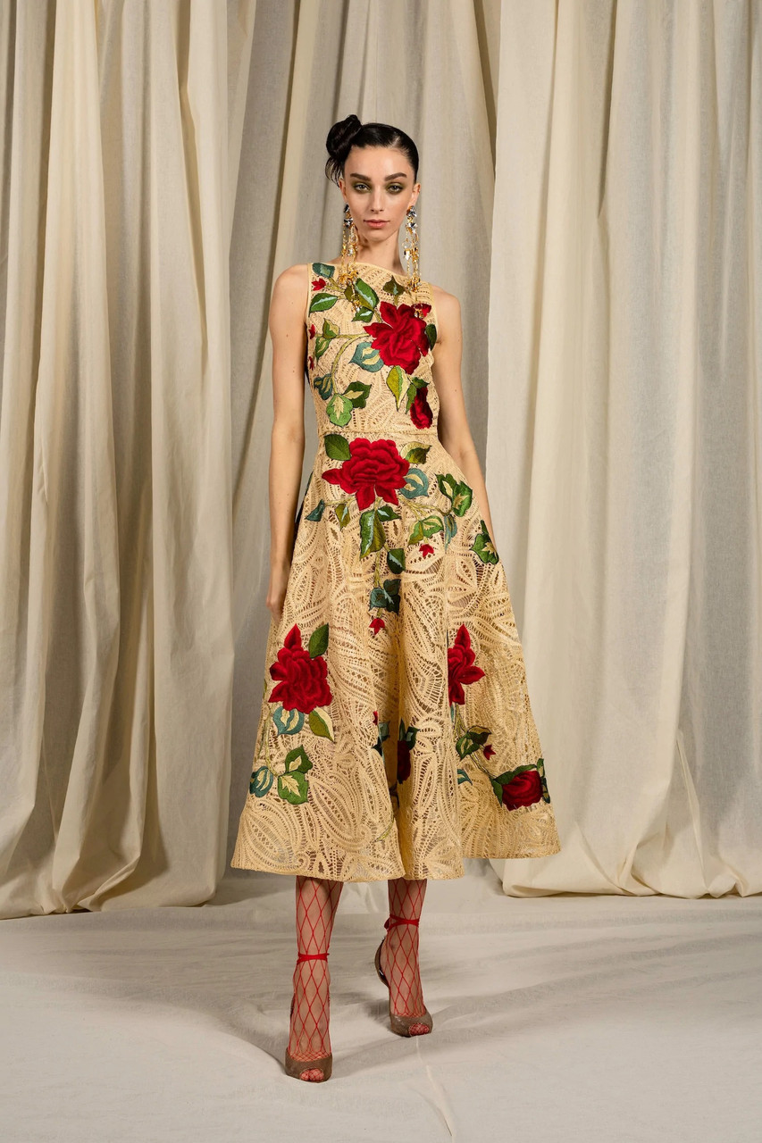 Naeem Khan Open-back Tea Dress With Floral Embroidery In Natural Red