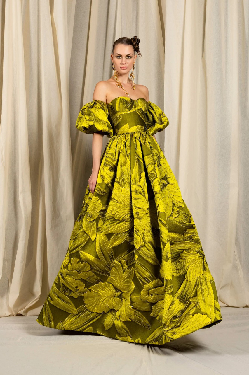 Naeem Khan Puff Sleeve Strapless Gown In Green Gold