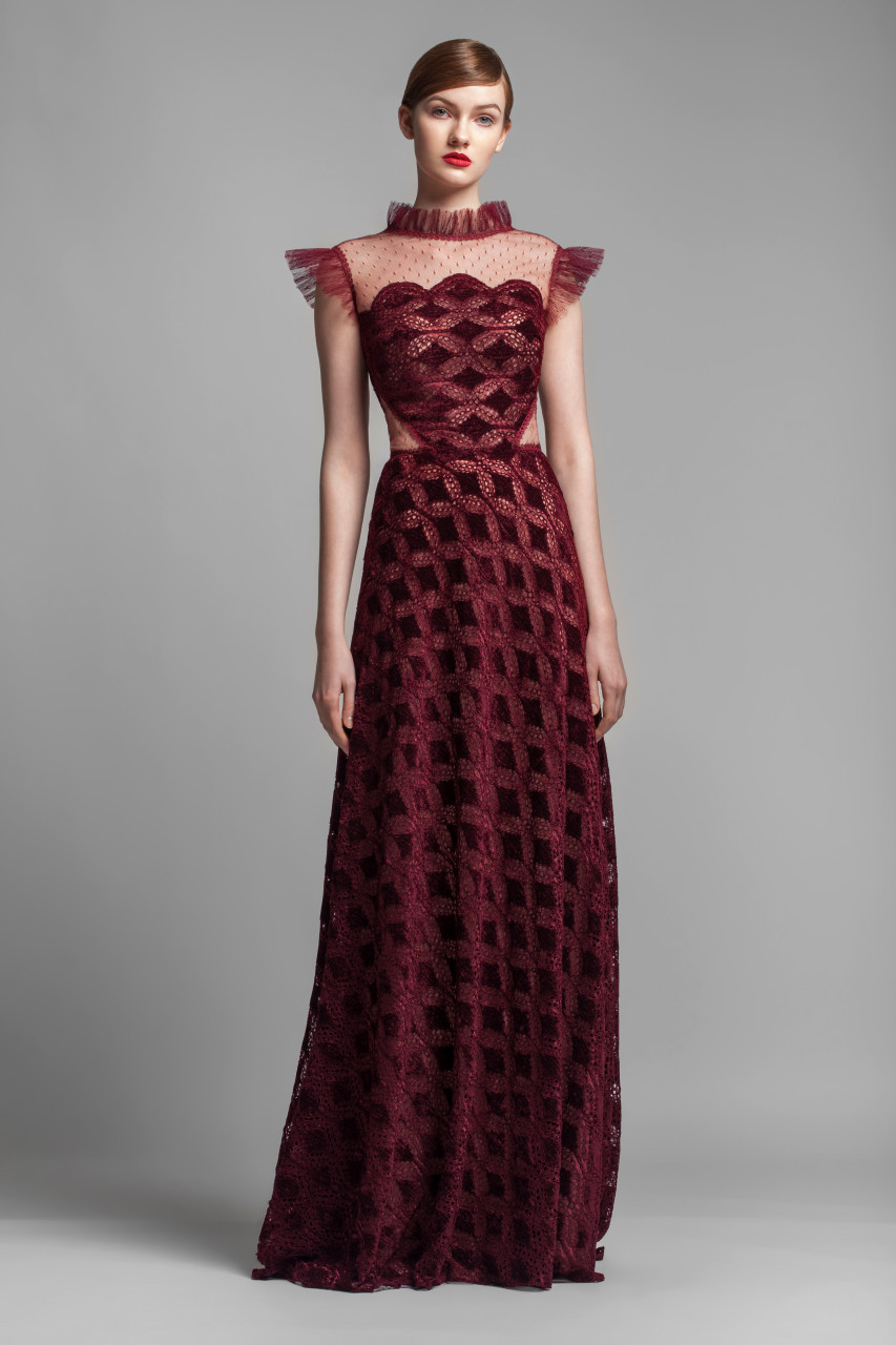 Beside Couture By Gemy High-neck Evening Gown In Burgundy | ModeSens