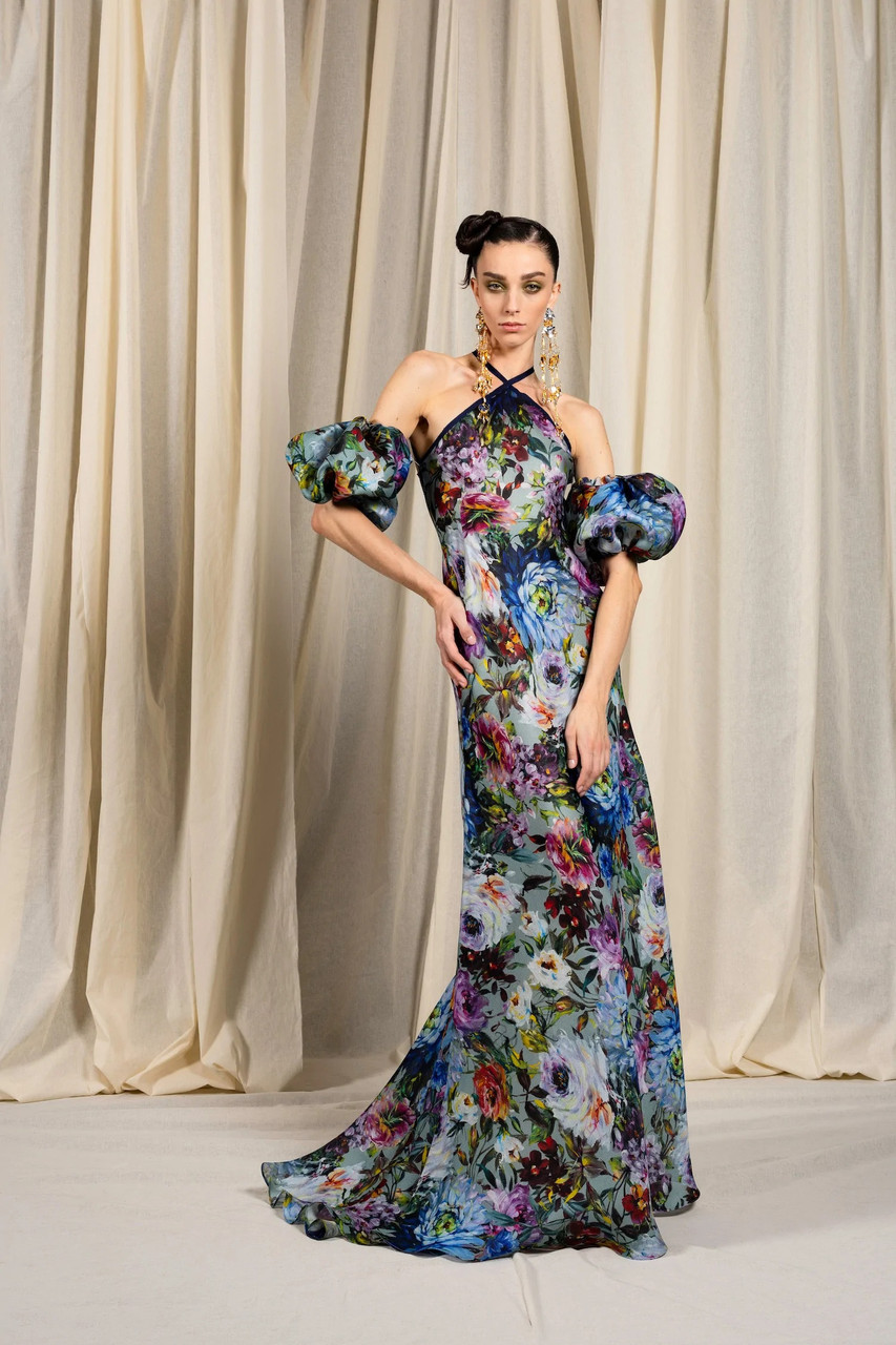 Naeem Khan Silk Gazar Halter Gown