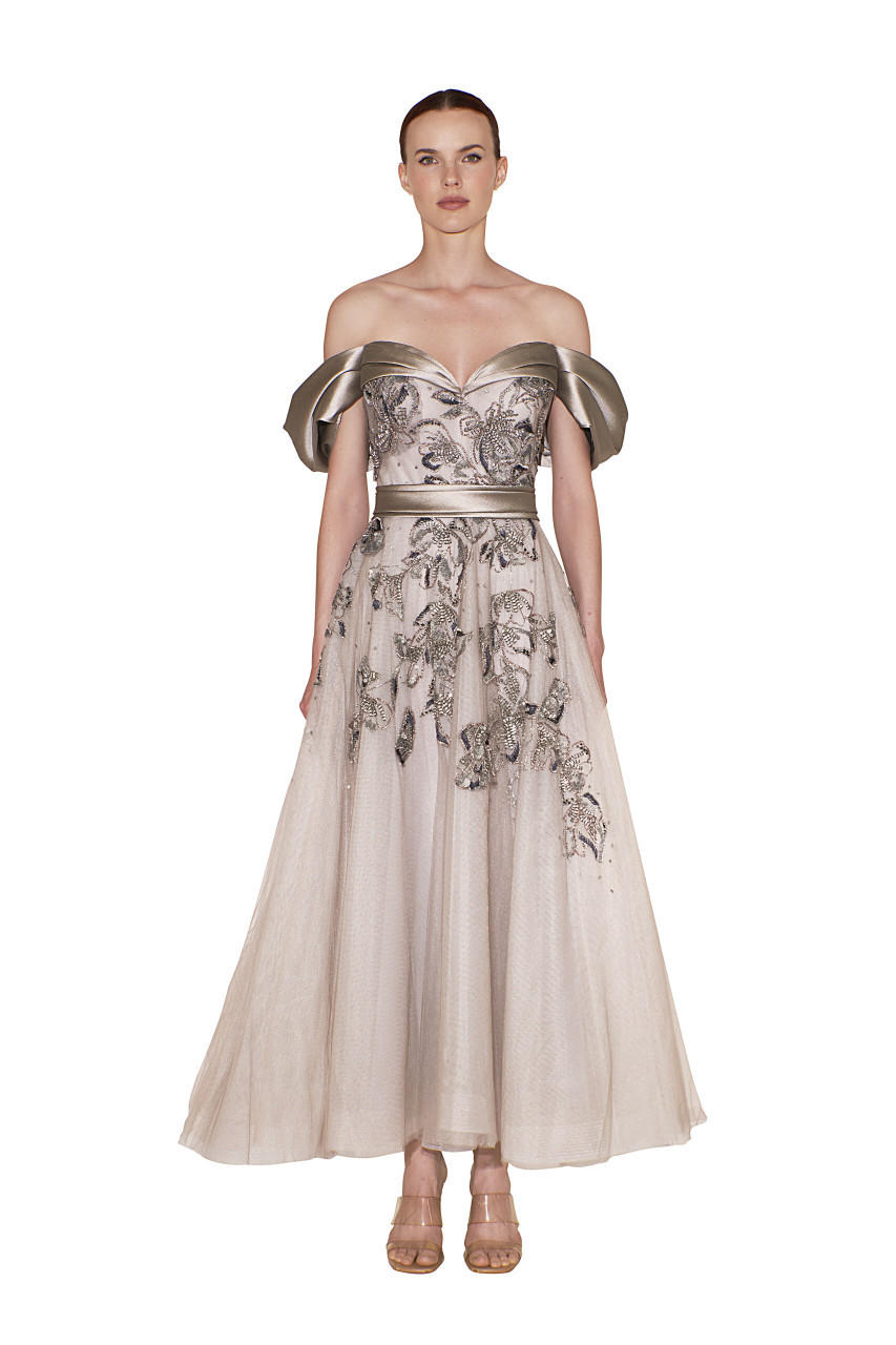 Shop Reem Acra Beaded Tulle Tea-length Gown