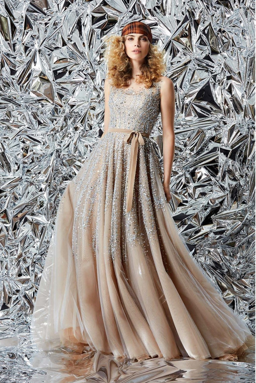 Reem Acra Embroidered Illusion Tulle Gown With Bow