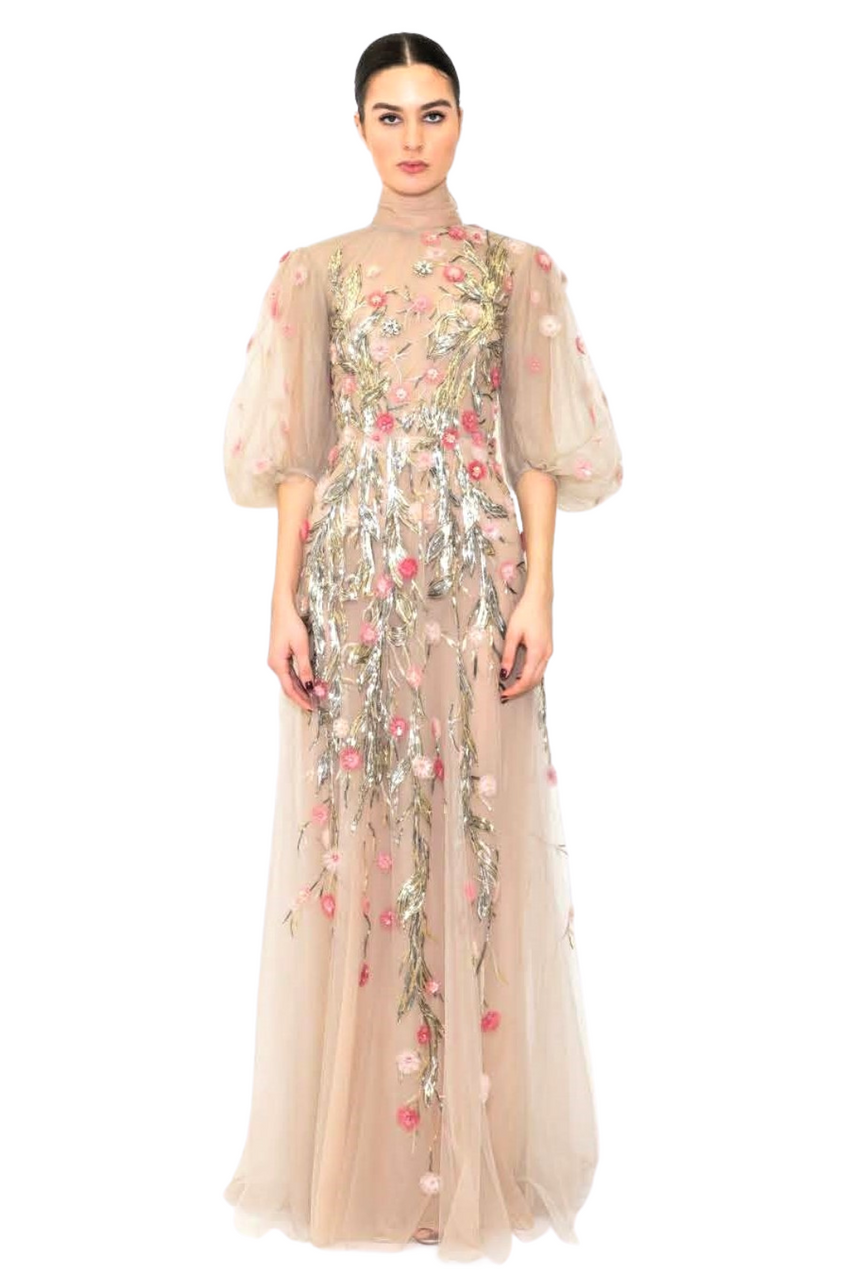 Reem Acra Floral Embroidered Short Sleeve Gown