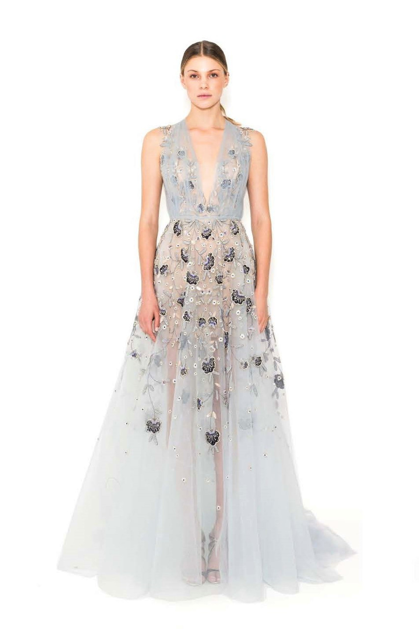 Reem Acra Embroidered Illusion Deep V-neck Gown In Multi