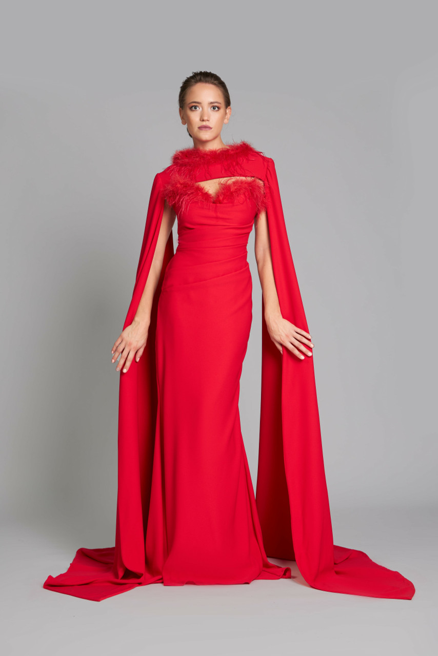 Marchesa Strapless Fit And Flare Gown With Cape Sleeves