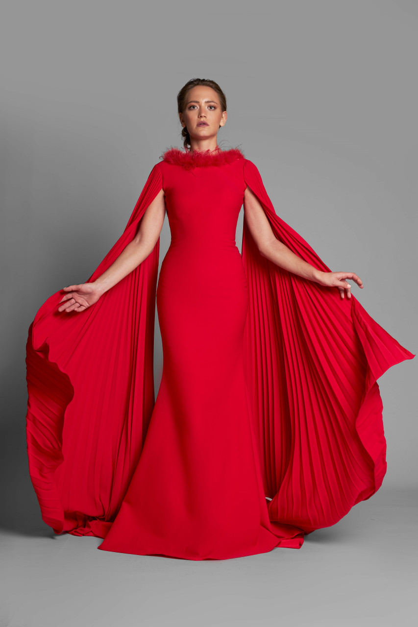 Marchesa Fit And Flare Gown With Cape Sleeves