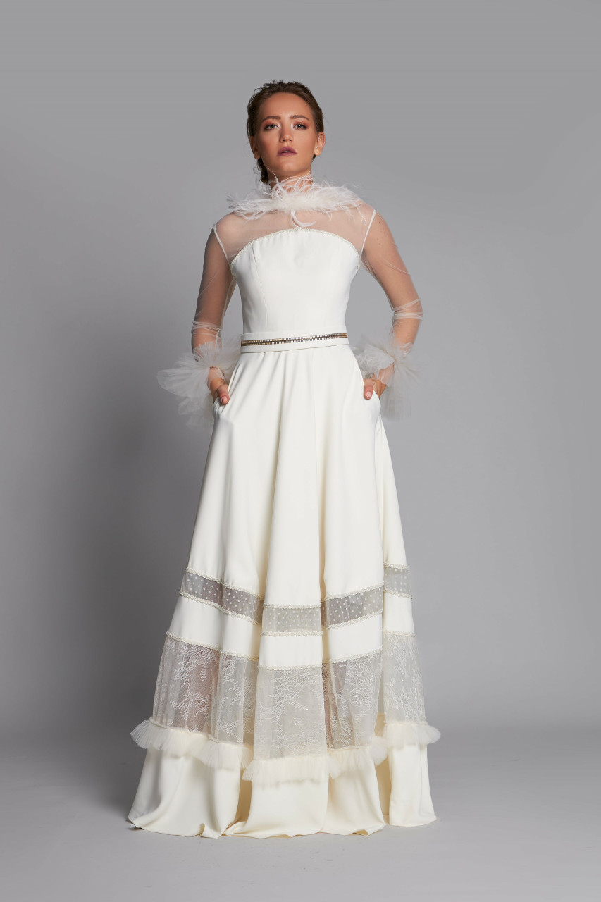 Lilly Ibrahim Feathered Long Sleeve A-line Gown