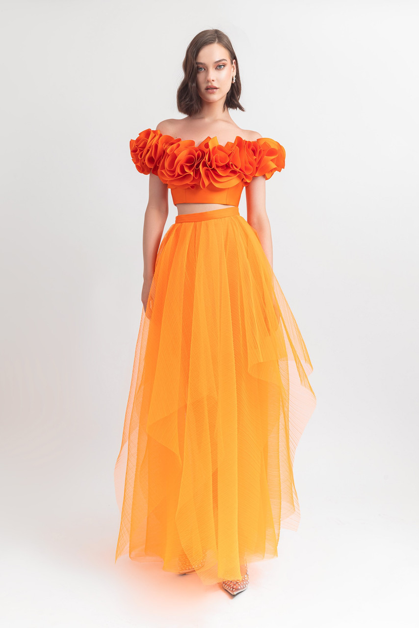 Gemy Maalouf Ruffled Satin Top And Tulle Skirt In Yellow