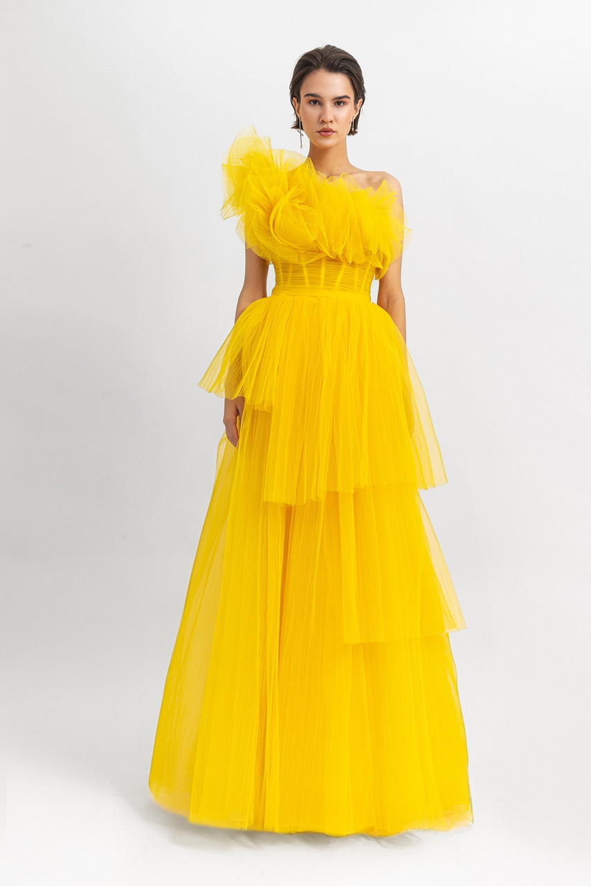 Gemy Maalouf One Shoulder Ruffled Corset Tulle Gown