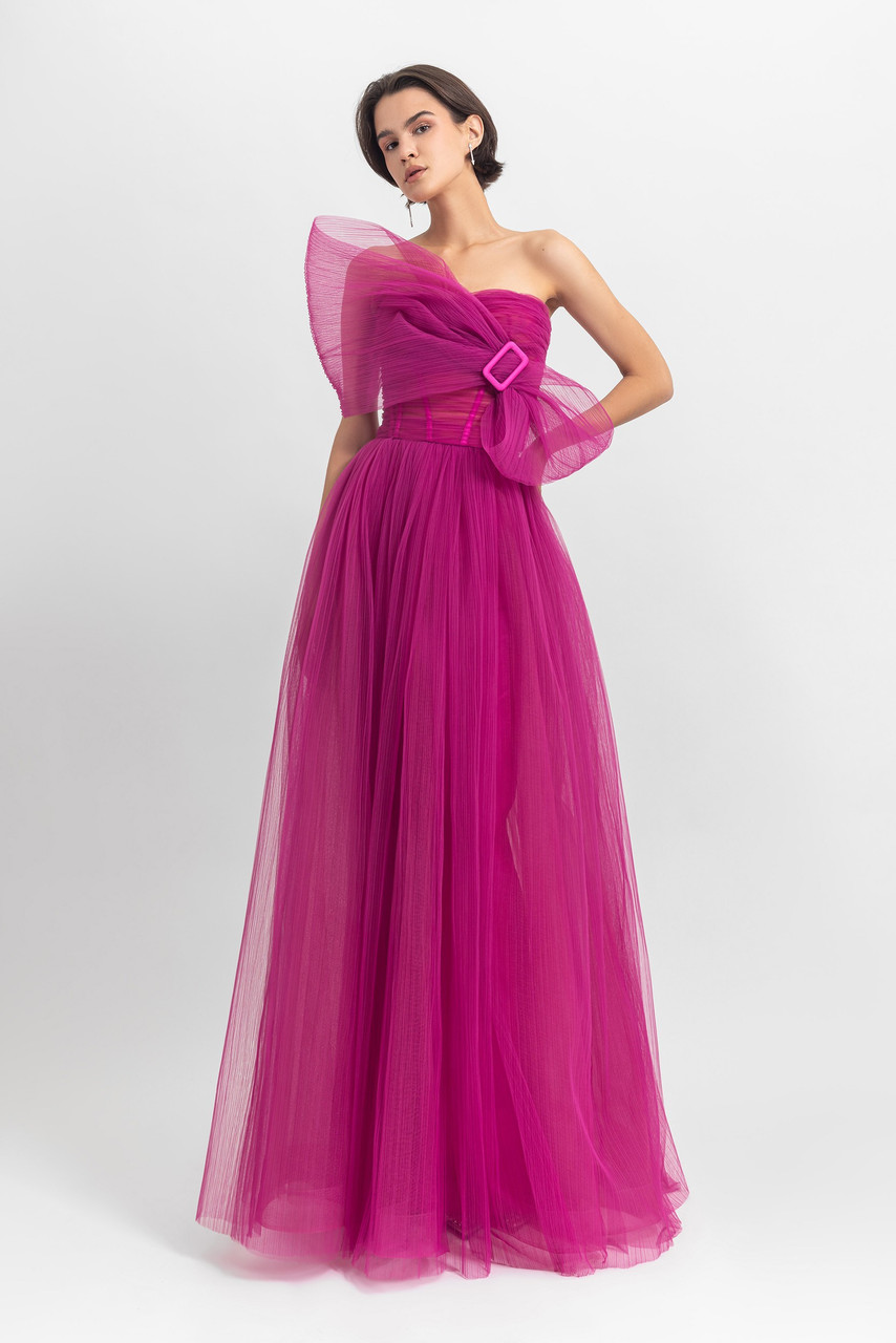 Gemy Maalouf Strapless Pleated Gown With Bow Detail