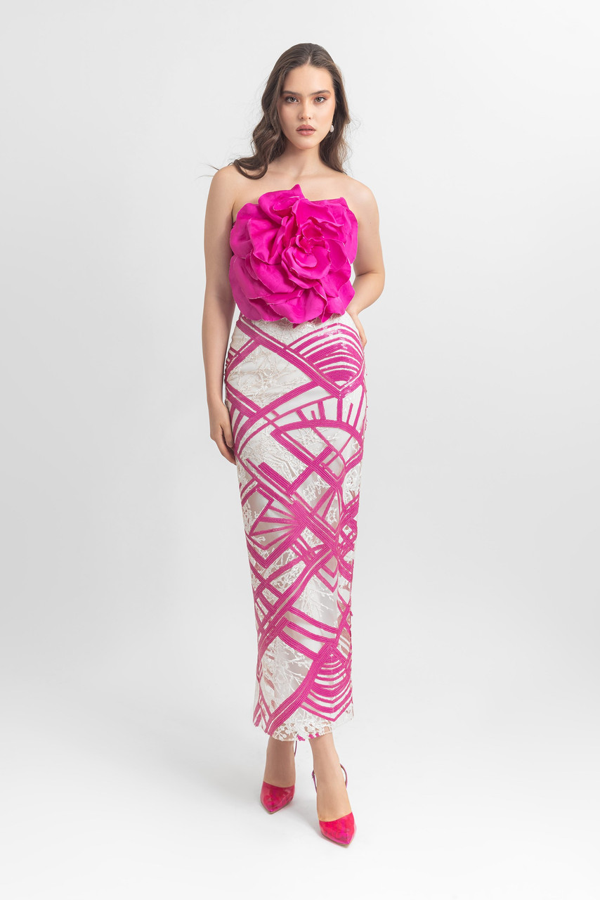 Shop Gemy Maalouf Strapless Floral Pencil-cut Midi Dress