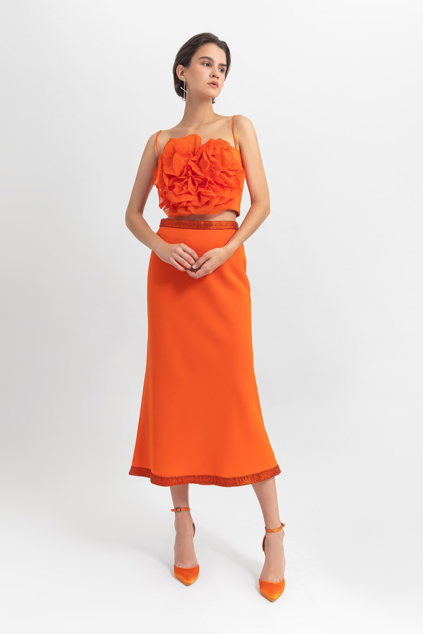 Gemy Maalouf Chiffon Flower Top And Crepe Skirt