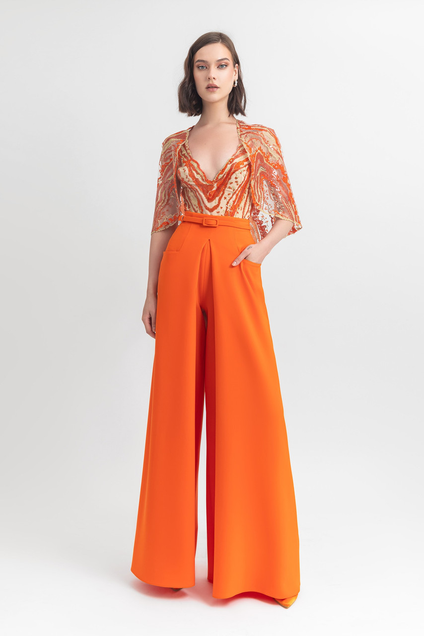 Gemy Maalouf Crepe Pants And Sequin Body With Cape