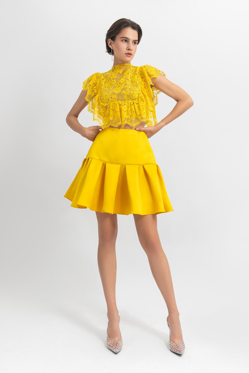 Shop Gemy Maalouf Ruffled Lace Top And Mini Skirt
