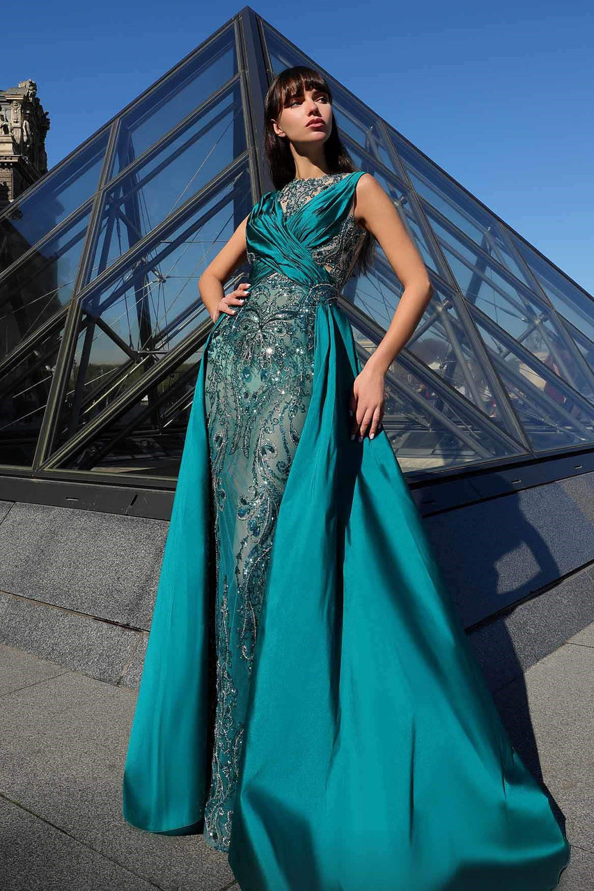 Mnm Couture Embellished Sleeveless Gown With Overskirt