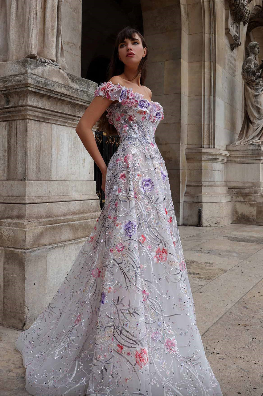 Mnm Couture Floral Embellished Ruffled Off Shoulder A-line Gown