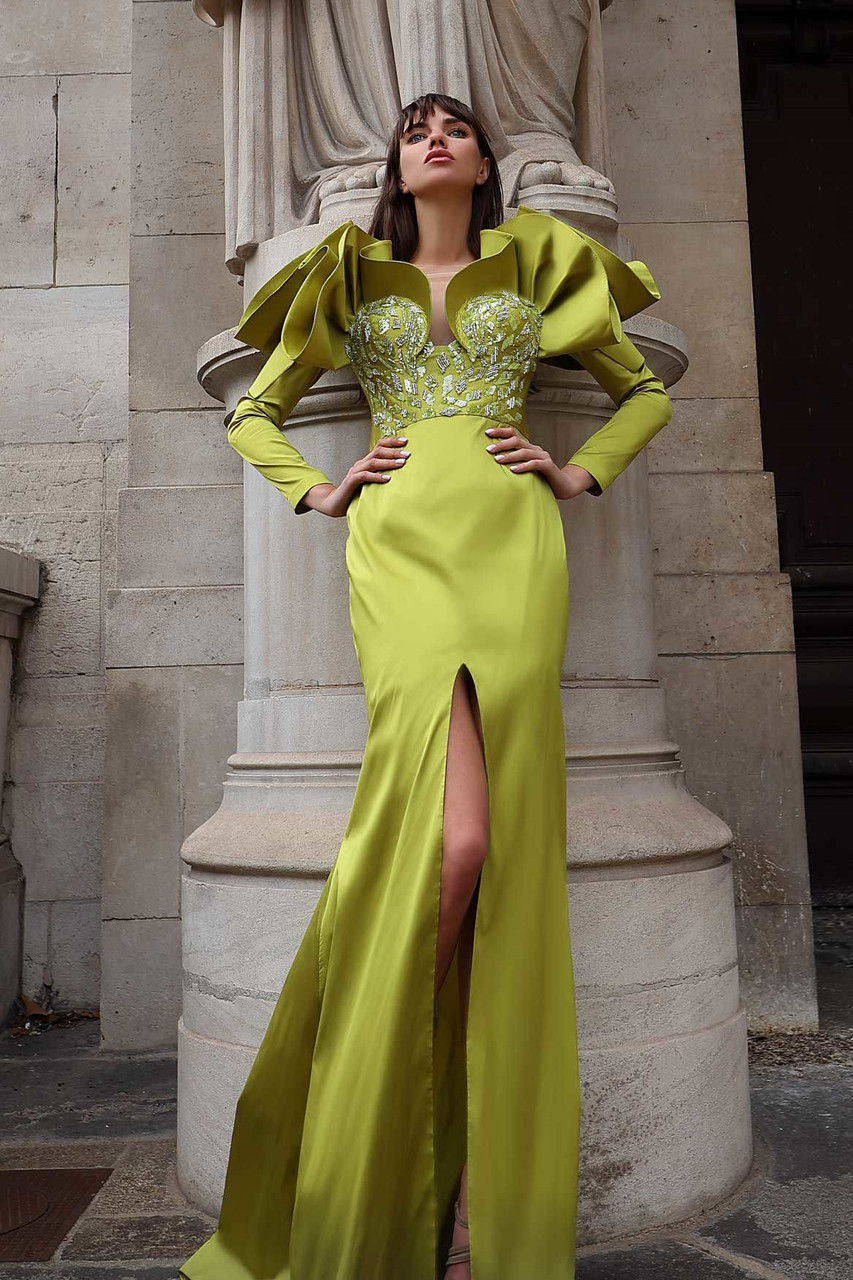 Mnm Couture Embellished Long Sleeve Ruffled Gown