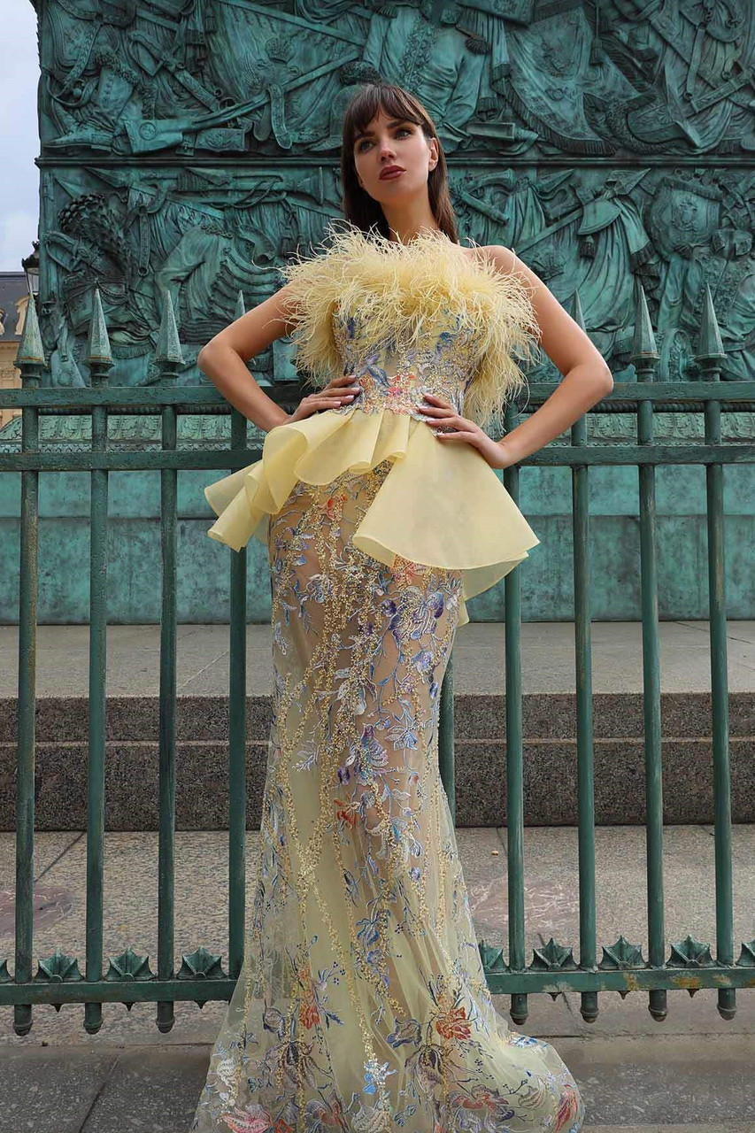 Mnm Couture Feathered Peplum Fitted Gown