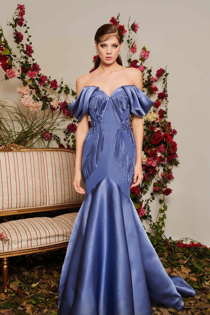 Mnm Couture Draped Sleeve Fit And Flare Gown