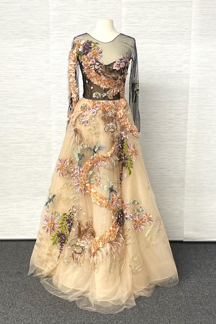 Marchesa Embellished Long Sleeve Ball Gown