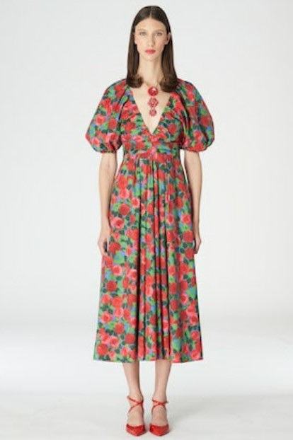 Shop Carolina Herrera Puffed Sleeve Pleated A-line Midi Dress
